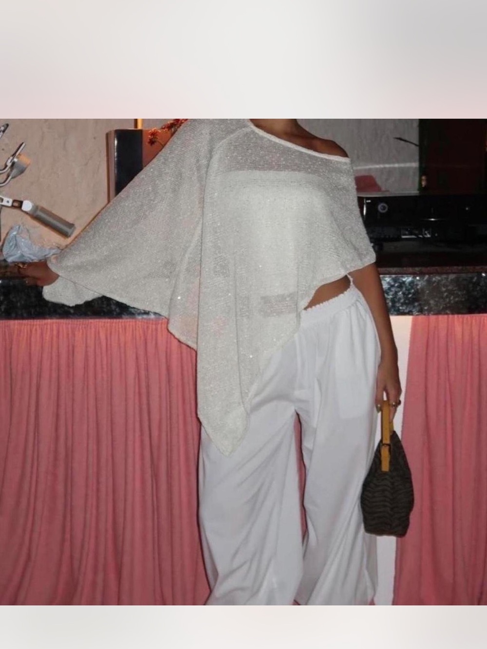 Women's Sparkle One-Shoulder Poncho Top - White
